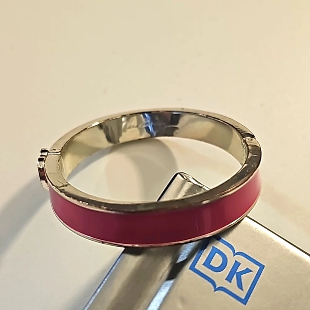 Vintage Vera Bradley Silver Tone Heart Theme Pink Enamel Hinged Bangle Bracelet.